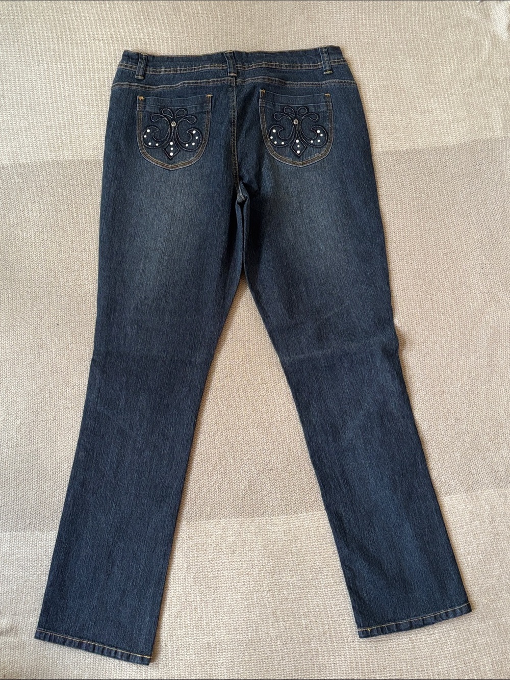 Embellished Dark Blue Straight Leg Jeans for Women